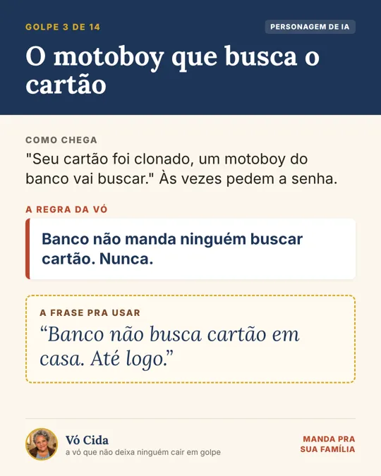 Card da Vó Cida sobre o golpe do motoboy: banco não manda ninguém buscar cartão