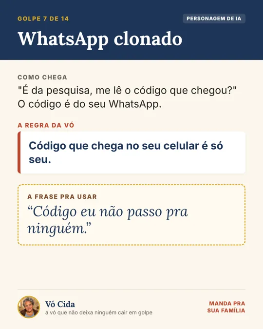 Card da Vó Cida sobre WhatsApp clonado: código que chega no seu celular é só seu