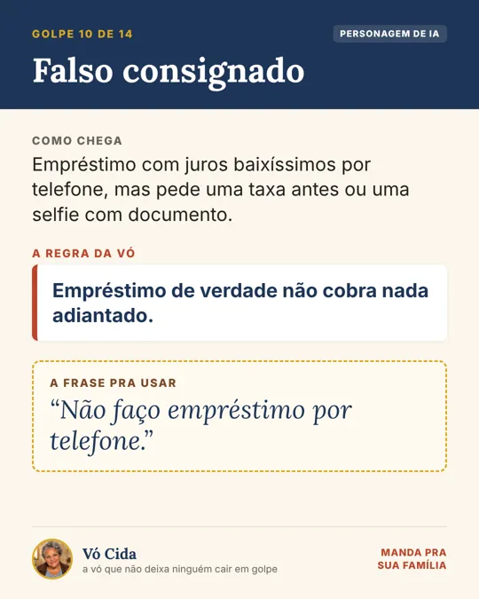 Card da Vó Cida sobre o falso consignado: empréstimo de verdade não cobra nada adiantado