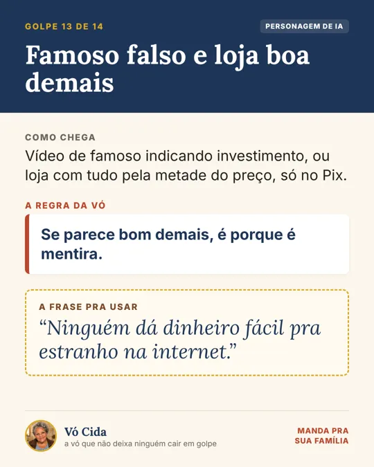 Card da Vó Cida sobre famoso falso e loja boa demais: se parece bom demais, é porque é mentira