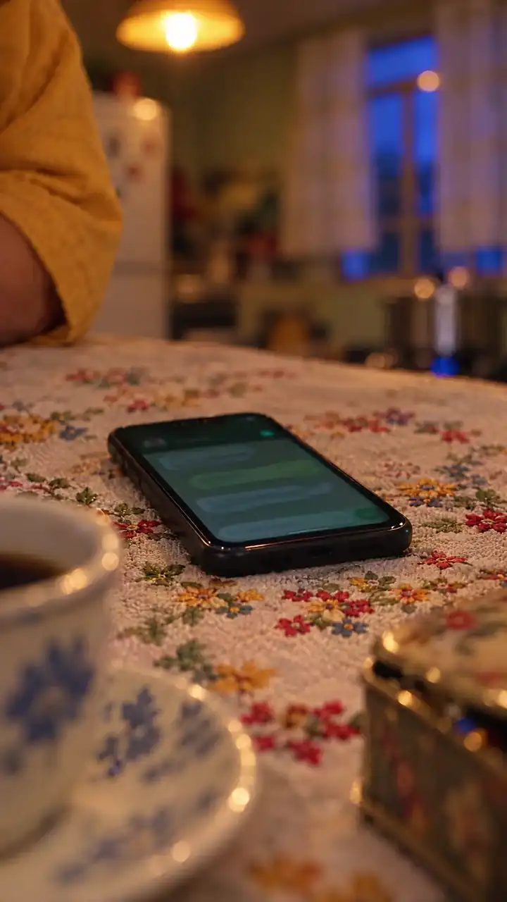 Celular na mesa da cozinha recebendo uma mensagem; depois a Vó Cida pega o celular e olha pra câmera.