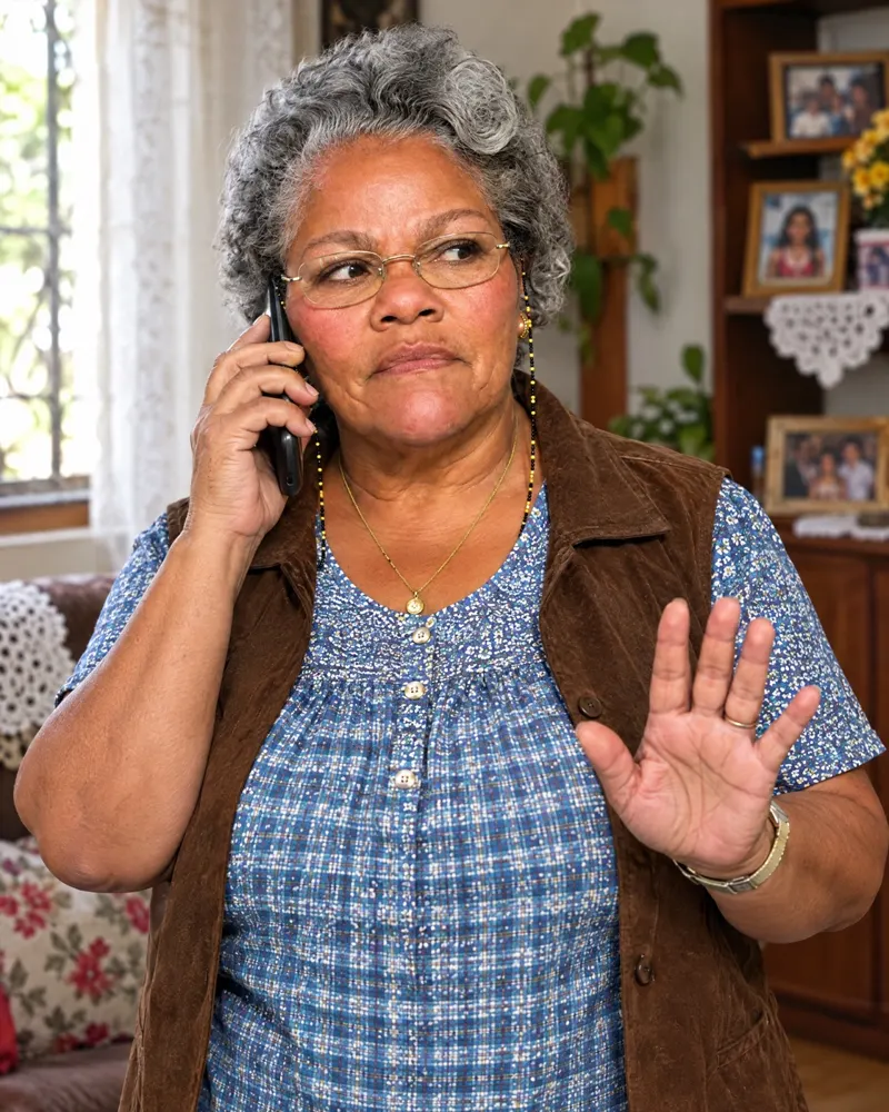 Vó Cida ao telefone, desconfiada